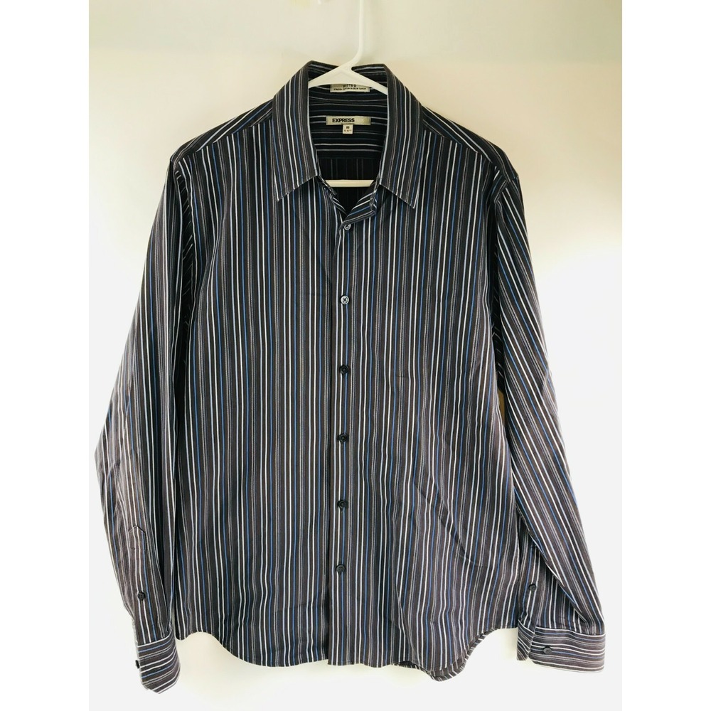 EXPRESS1MX Shirt Men's Size M 15-15.5  Button Up Brown & Blue Striped Stretch
